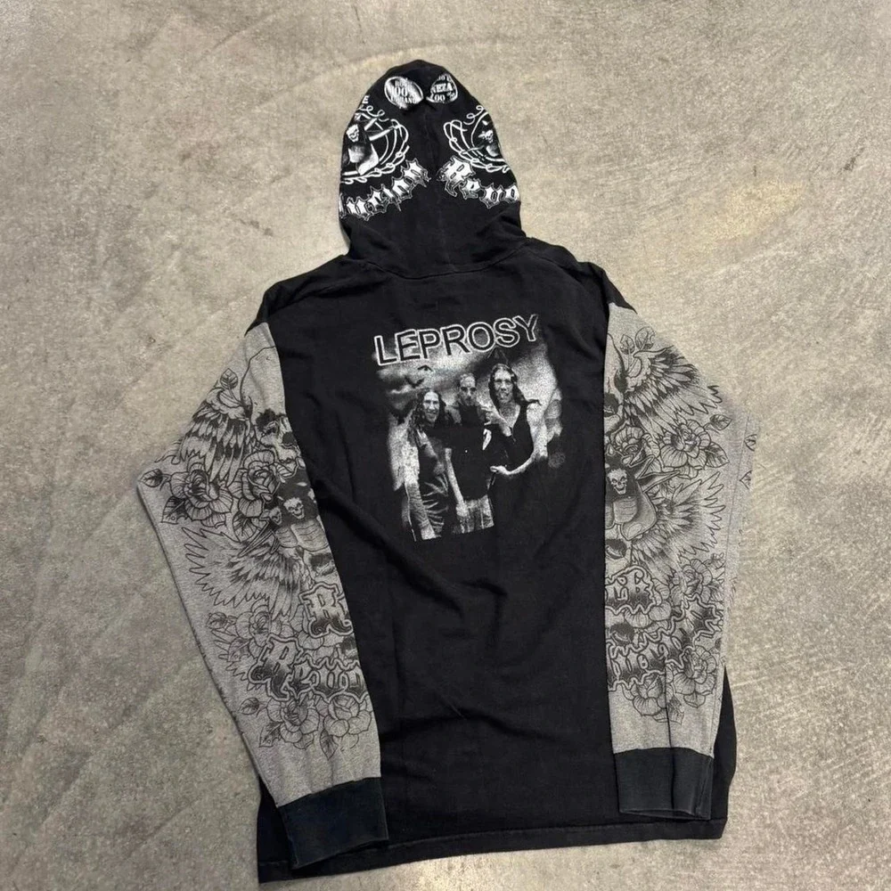 Leprosy Death Metal Band Hoodie Mens Large Tattoo Sleeve Graphic Y2K Black